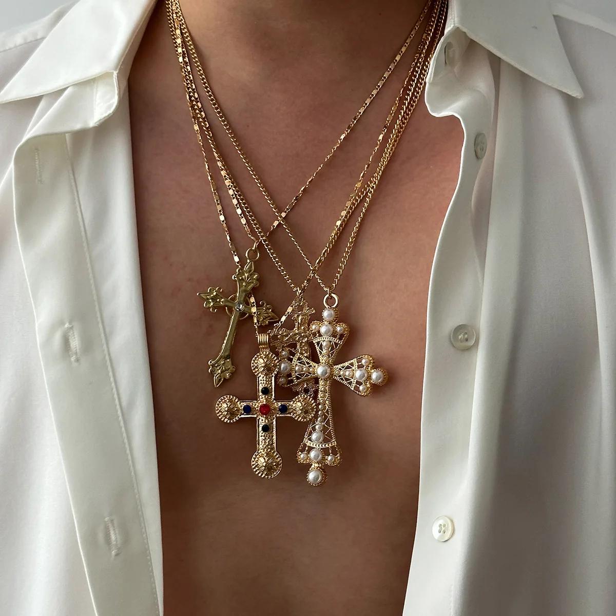 4PCS Cross Pendant Necklace for Men Luxurious Crystal Pearl Inlay Black Beads Vintage Choker Necklace Statement Zircon Set Gift