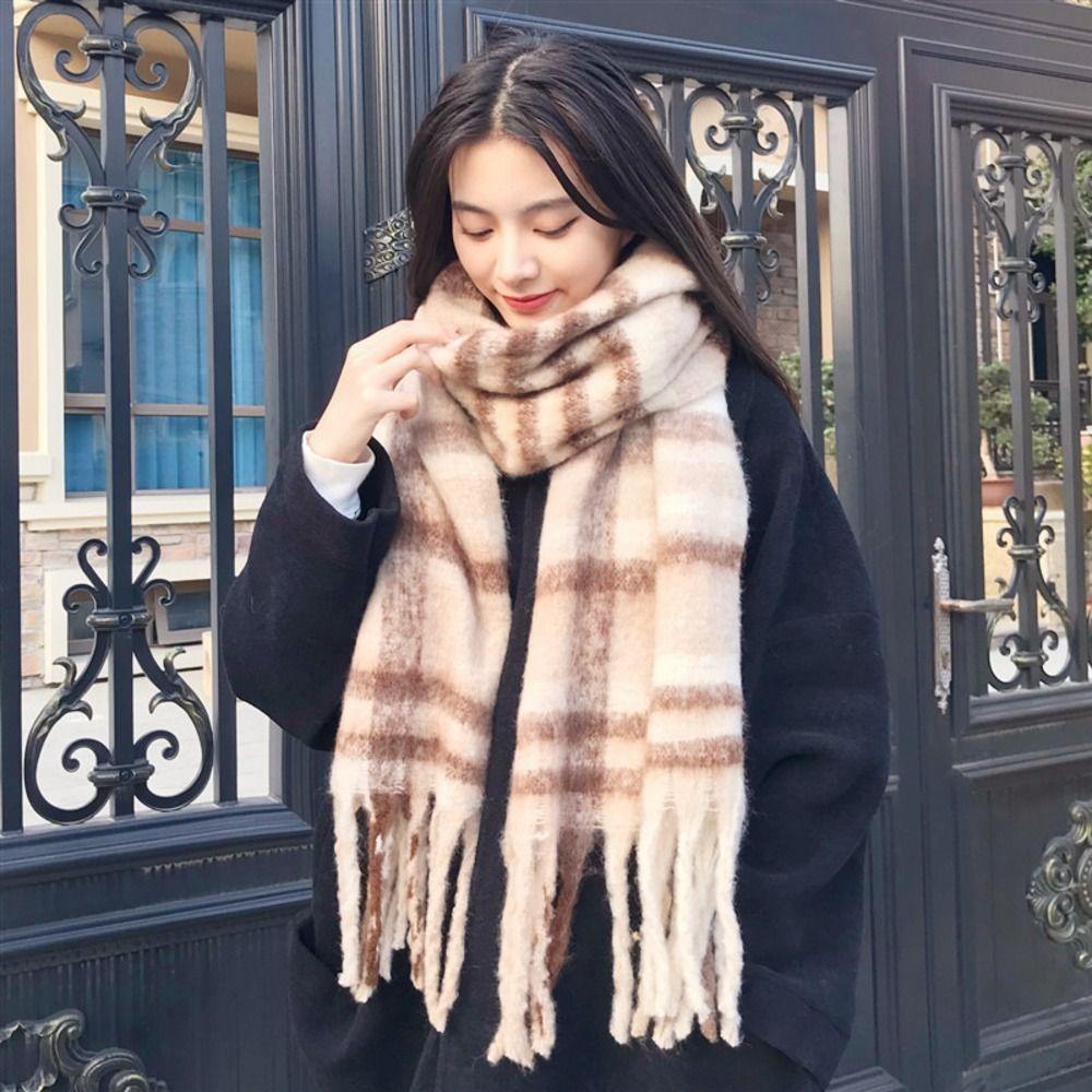 Cold Proof Women Mohair Plaid Scarf Thermal Fall Winter Neck Scarf Warm Tassel Shawl Wrap Students