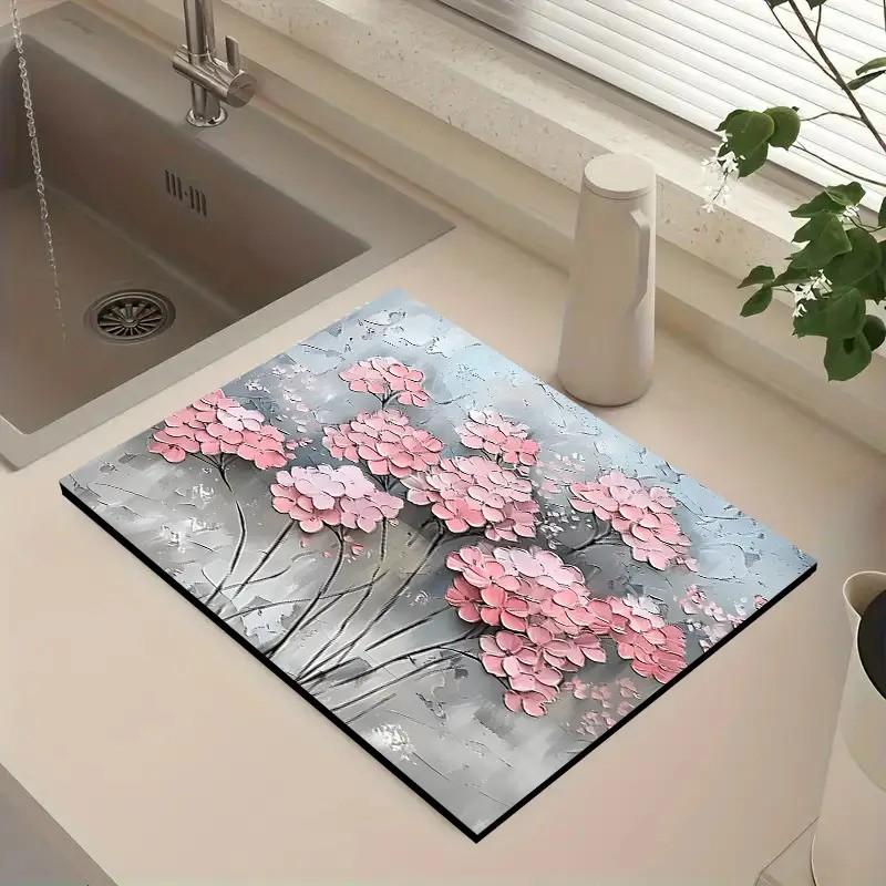 Rustic Floral Kitchen Counter Dish Drying Mat Super Absorbent Quick-Dry Non-Slip Rubber Backing Stain-Hiding for Coffee Machines