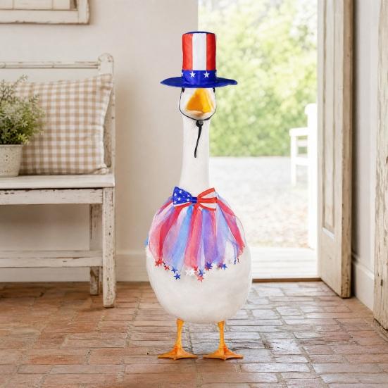 1 Set July 4th Goose Outfits, Patriotic Porch Goose Costume, Independence Day Apparel, Stars Stripes Hat Bow Tie for Lawn 23 Inch Goose Statue