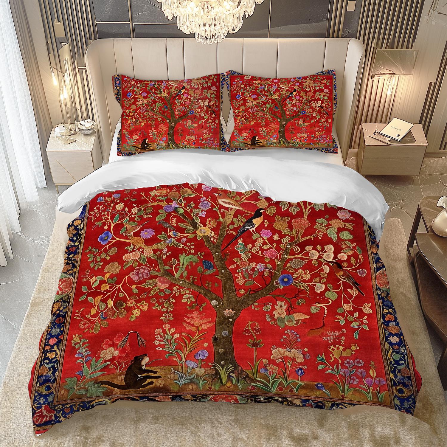 

2/3Pcs Red Festive Big Tree Duvet Cover Set, Luxury Soft Wrinkle Resistant Bedding With Pillowcases, Machine Washable EU Twin(135x200cm)