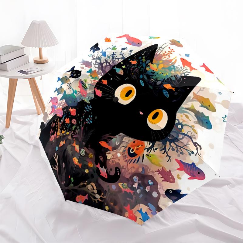 1pc Colorful Fish & Kitten Automatic Opening and Closing Umbrella - Small Umbrella Suitable for Various Occasions, Portable 3-Fold Small Umbrella