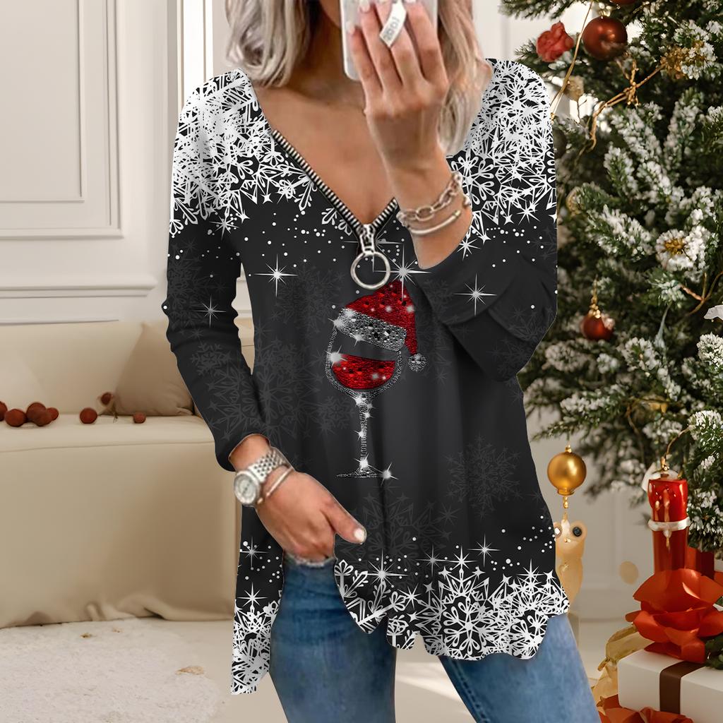 Women Autumn Christmas Printed Long Sleeve T-Shirts  Loose V-Neck Plus Size Tee Shirt Tops Comfy Blouse