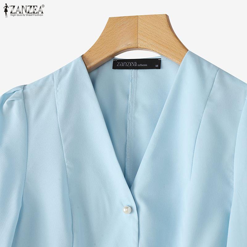 ZANZEA Women Casual V-Neck Solid Color 3/4 Sleeve Blouse