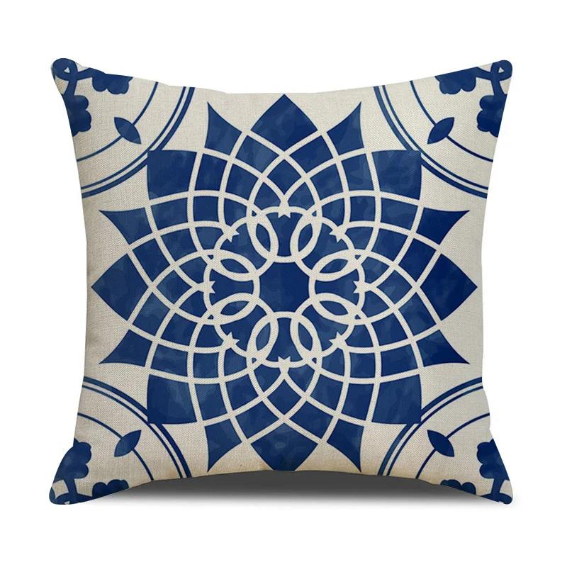 Chinese retro style blue and white ceramic printed fabric linen cotton throw pillow wrapped sofa home decoration pillow