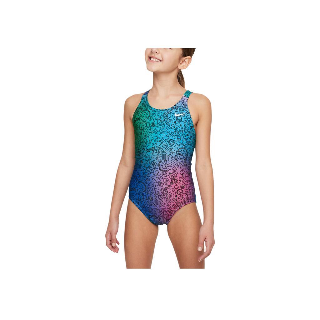 Nike SS24 Pohodlné K pokožce šetrné Prodyšné Jednodílné Dětské plavky s krátkým rukávem Dětské plavky Černá Šokově zelená FZ6158-010