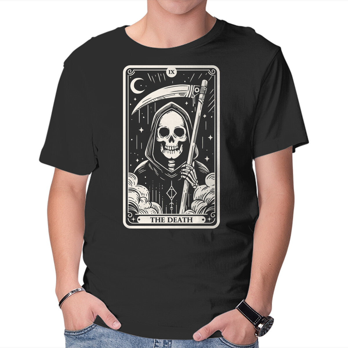 Unisex Crew Neck T-Shirt The Death Tarot Skull Graphic Short Sleeve Casual Tee XS