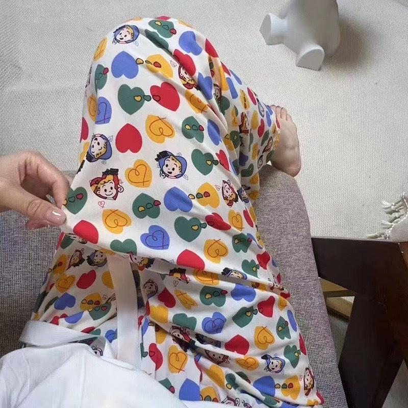 Damen-Blumen-Baumwoll-Seiden-Pyjama - Große Größen, Sommer, Leicht, Für draußen, Gerades Bein, Lockerer Schnitt