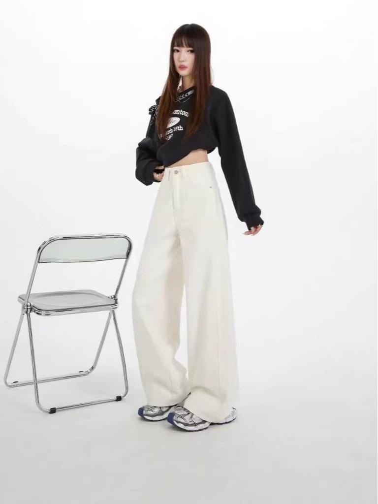 2026 Retro American Wide-Leg Curved Jeans: New Floor-Length Loose Straight-Leg Style for Spring & Autumn