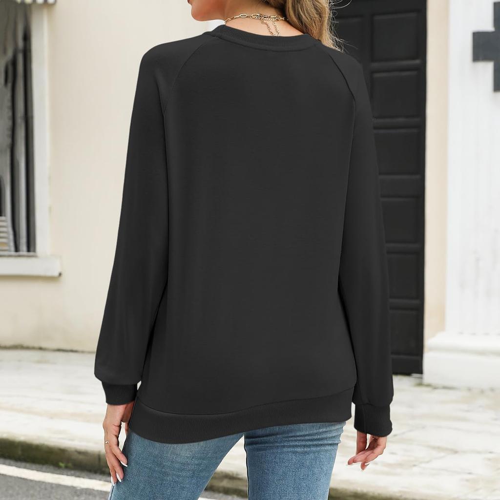 Women's Round Loose Neck Sweatshirt Long Sleeved Pullover Solid Color Hoodie