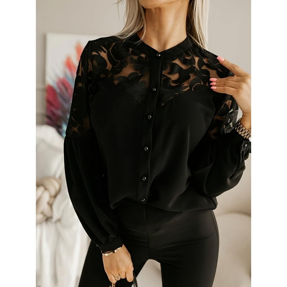 Women's Stand Collar Long Sleeve Blouse Floral Lace Hollow Out Shoulder Button Down Solid Elegant Office Shirt