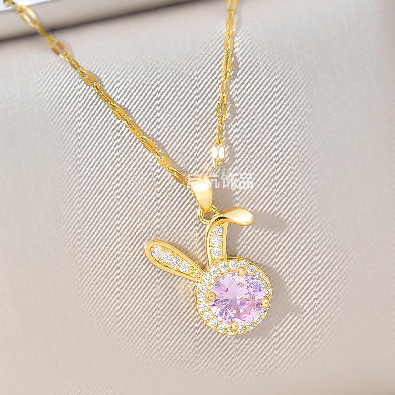 Wind Pink Zirkonium Kaninchen Halskette Damen Leichter Luxus Schlicht Vielseitig Niedlich Mikro-Eingefasster Anhänger
