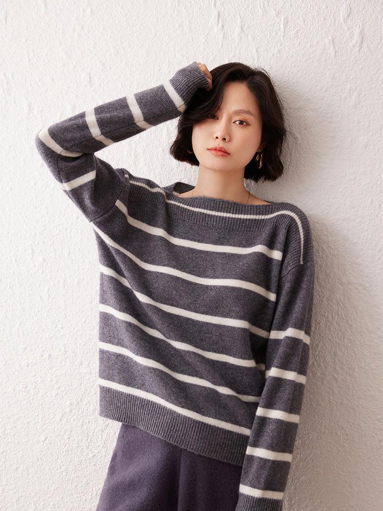 Women's One-Shoulder Cashmere Sweater: Black & White Striped, Round Neck, Long Sleeve, Casual, Loose-Fit, Skin-Friendly, Versatile for Autumn/Winter