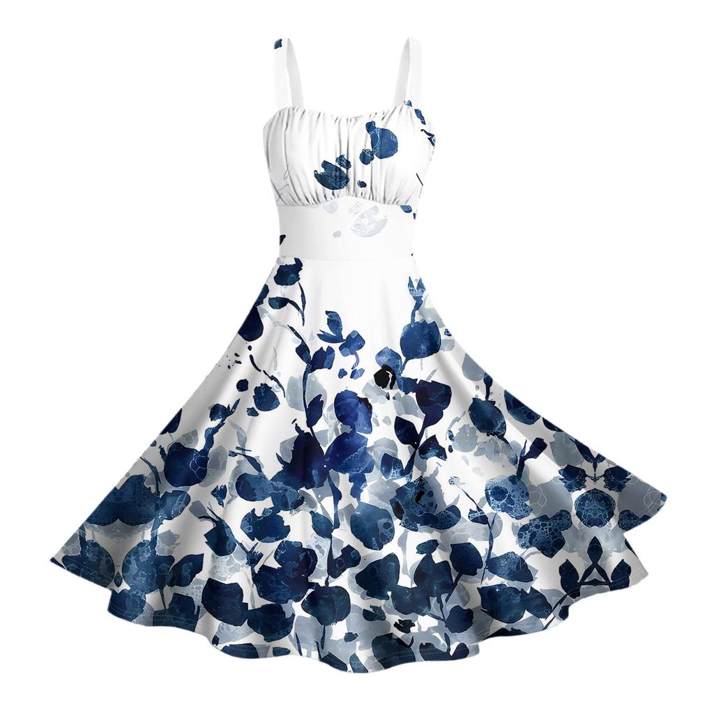 Damen Vintage Ärmellos Plissiert Patchwork Niedlich A-Linien Saum Blumendruck Kleider