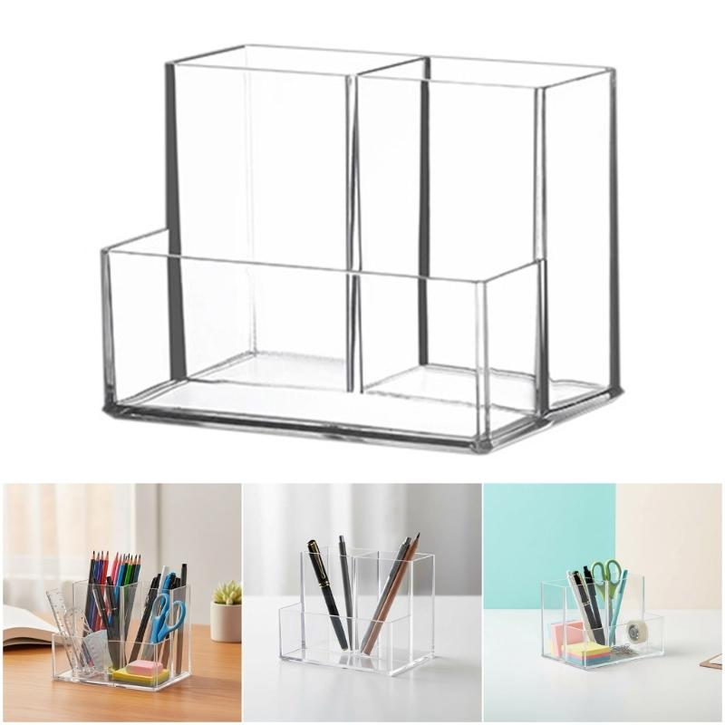 Clear Acrylic Vanity Organiser 3 Compartment Pencil Cup Cosmetic Storage Box For Bathroom Bedroom Countertop Cabinet