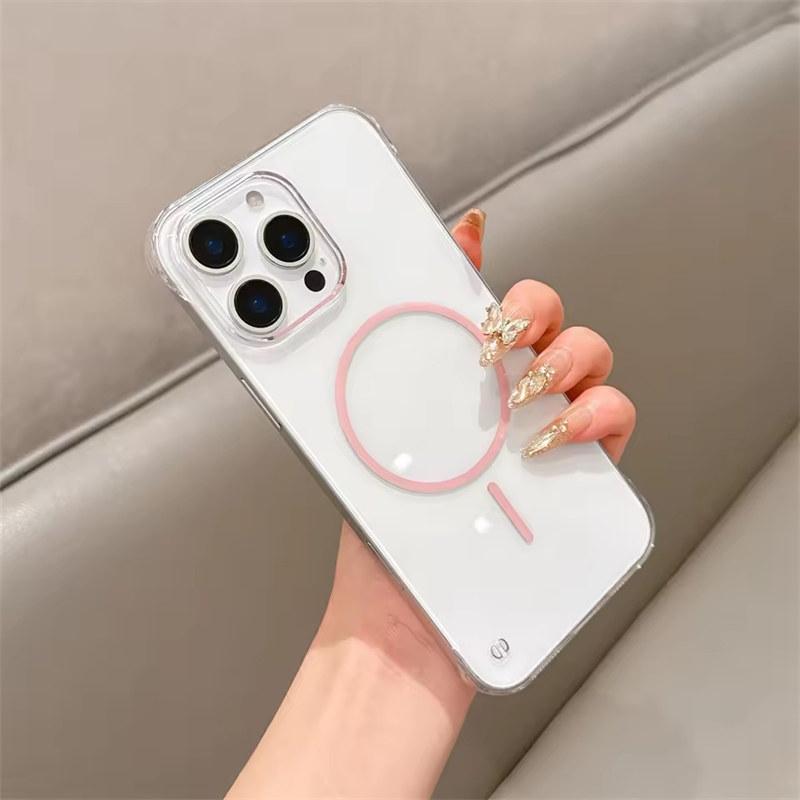 

Тонкий безрамный прозрачный жесткий ПК чехол Magsafe для iPhone 16 15 14 13 12 Pro Max Plus охлаждающий магнитный беспроводной зарядный чехол iPhone 16 Pro розовый