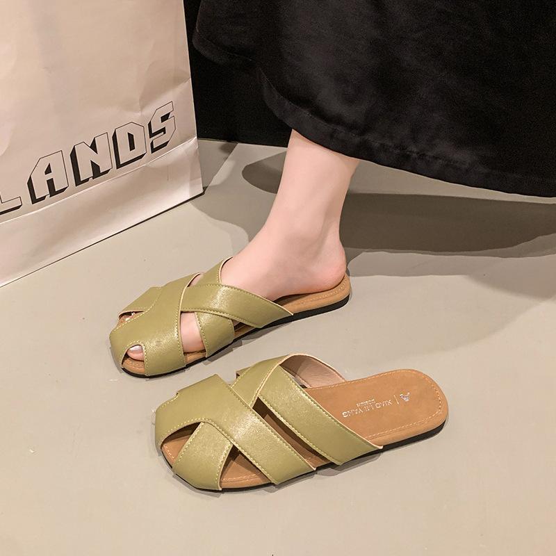 2025 summer new retro bag head half slippers open-toed wear breathable one-word drag female lazy flat-bottomed muller shoes