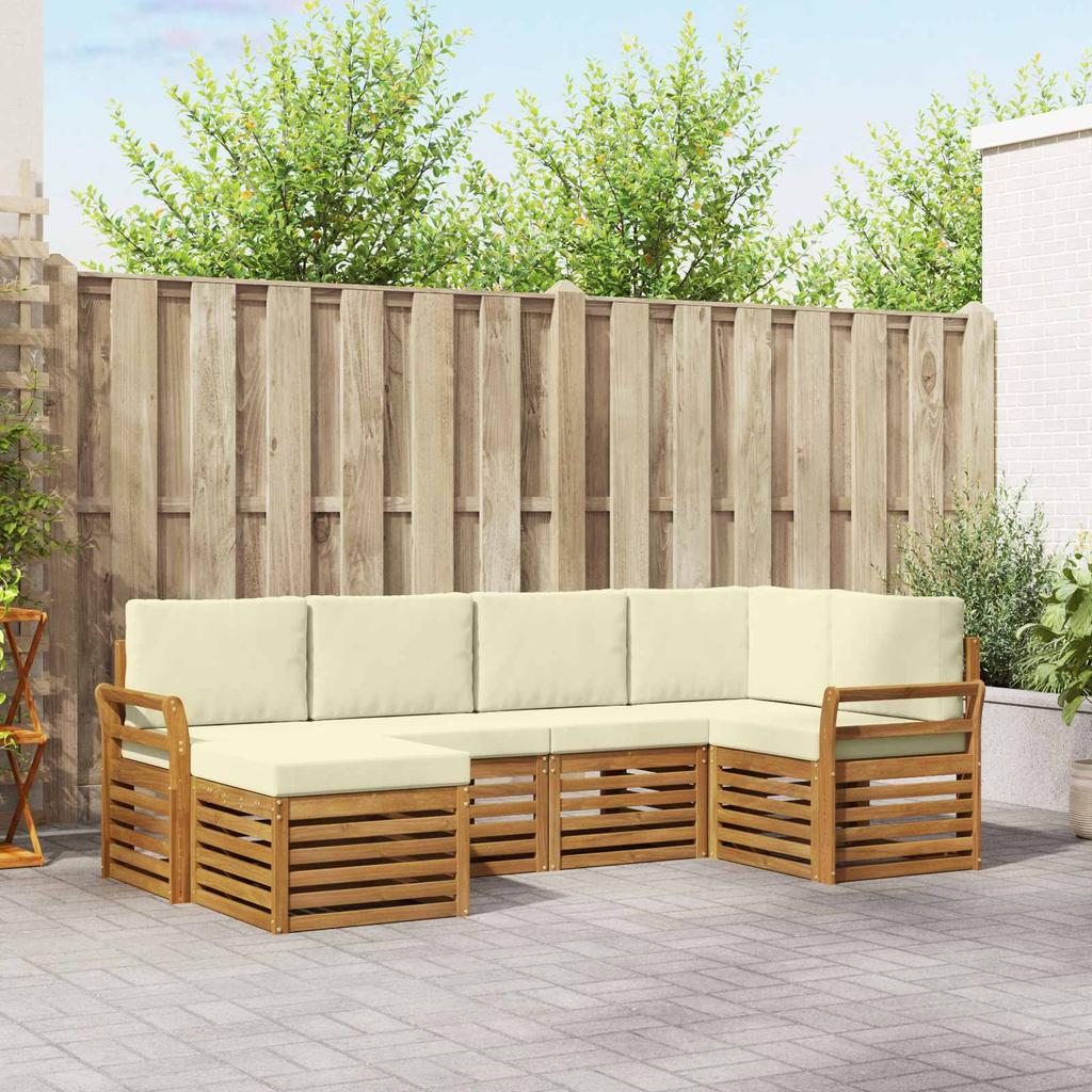 Corner Sofa Set with Cushions 6 pcs Natural and Cream Solid Acacia Wood