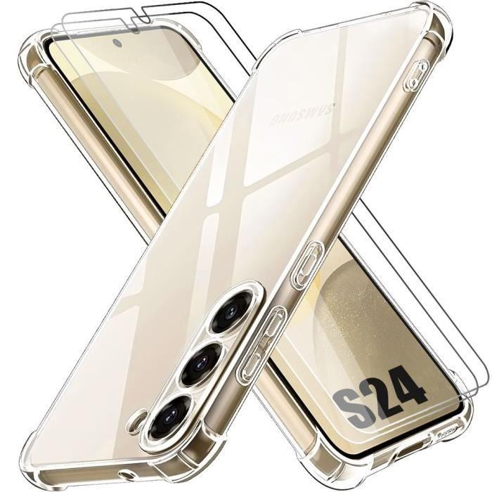Coque pour Samsung Galaxy S24 avec 2 Verres Trempés, Pack Protection 4 Coins Renforcés Silicone Transparent