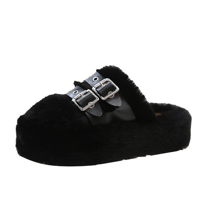 

Thick-soled heightening one-word fluffy slippers for women s versatile wear 2025 autumn and winter new comfortable casual cotton slippers 35