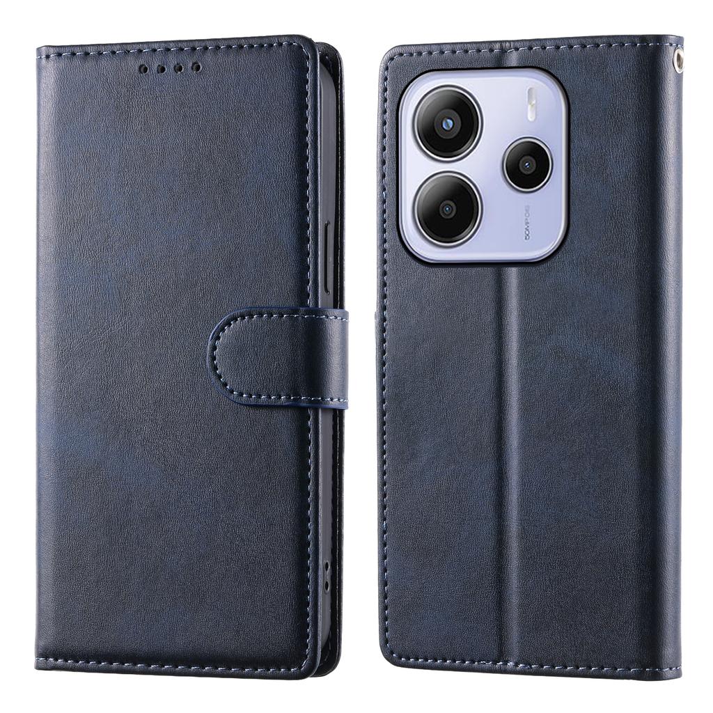 For Xiaomi Redmi Note 14 4G (164.84mm) Case Stand Wallet Calf Texture PU Leather Flip Phone Cover with Wrist Strap