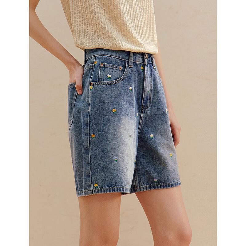 INMAN Women's Embroidered Wide-Leg Denim Shorts