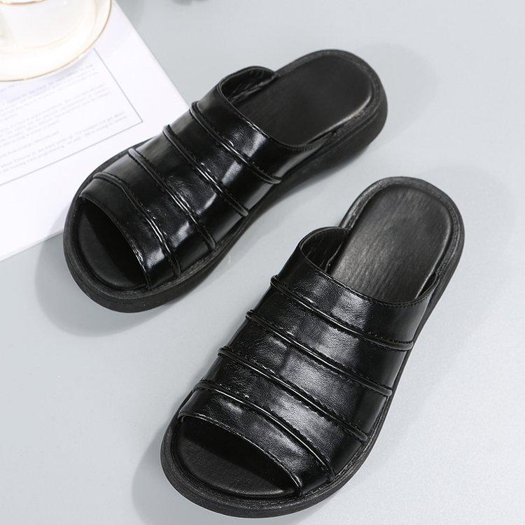 

Тапочки с толстой подошвой, летний наклонный каблук, модный «рыбий рот», открытый носок, качающаяся подошва, губчатый каблук, женская повседневная обувь 35 чёрный