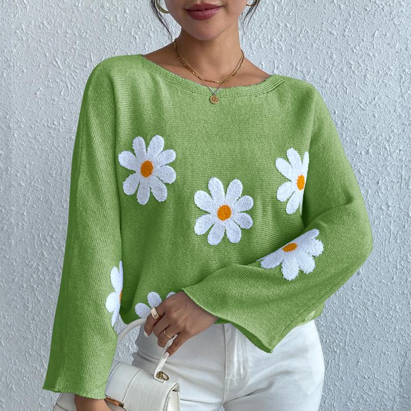 Sweet Floral Embroidered One-Shoulder Knit Pullover Sweater - 2024 European & American Style