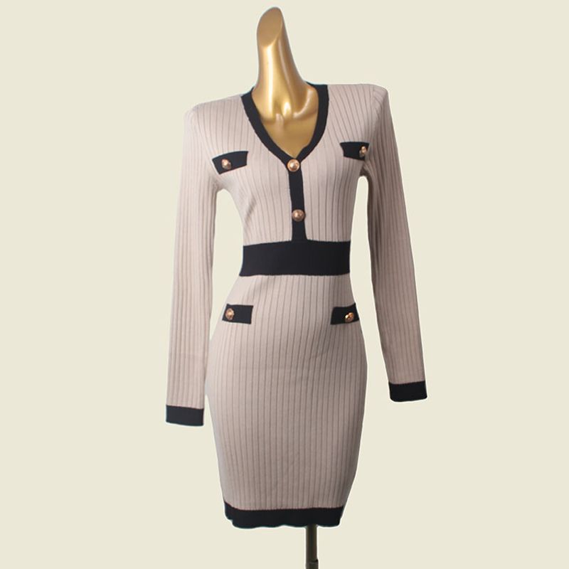 

Accessible Luxury Classic Style Classic Color Matching Bodycon Dress Foreign Trade Original Order Fall and Winter Long Sleeves Knitting Dress Khaki M