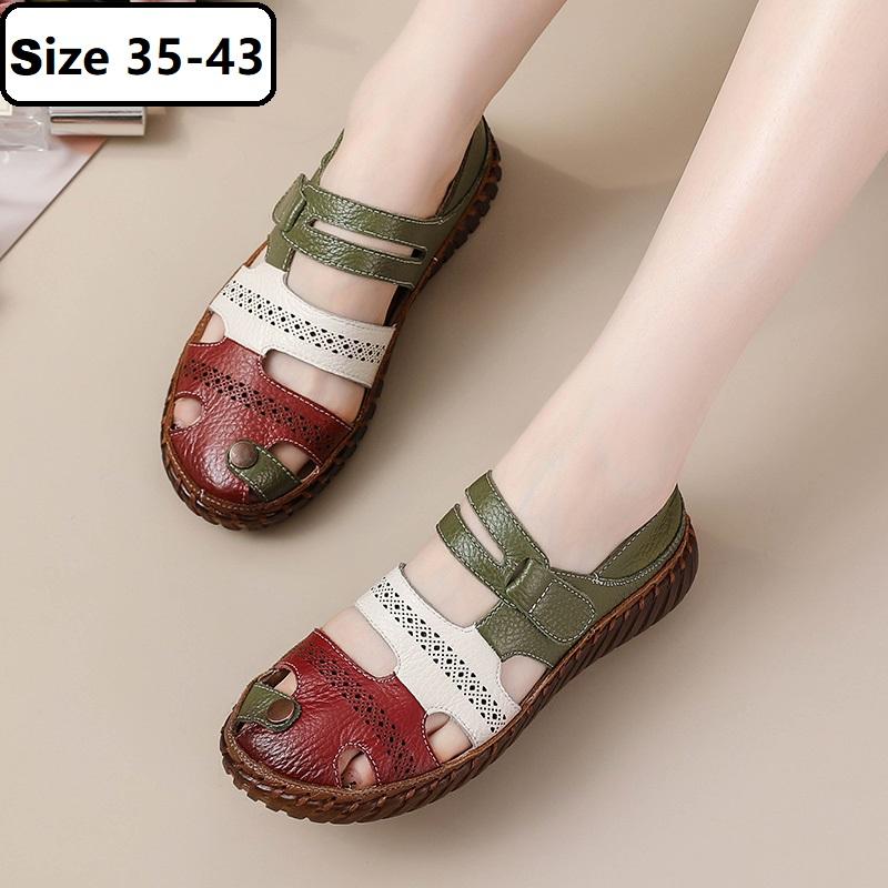New cutout real leather sandals women's summer shoes size 43 ladies comfy closed toe strappy sandal woman flats barefoot shoes