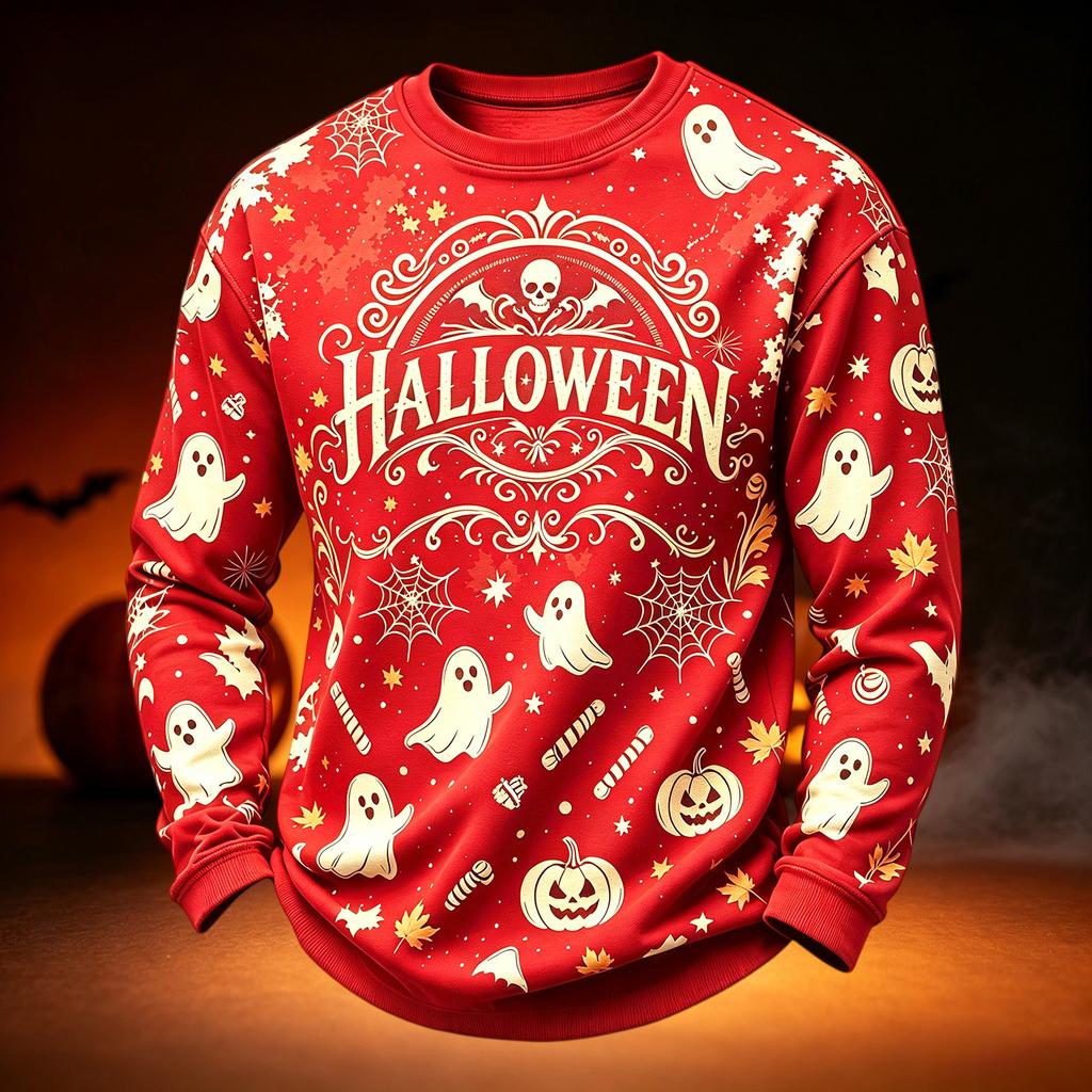 Men's Casual Round Neck Long Sleeve Top with Halloween Print