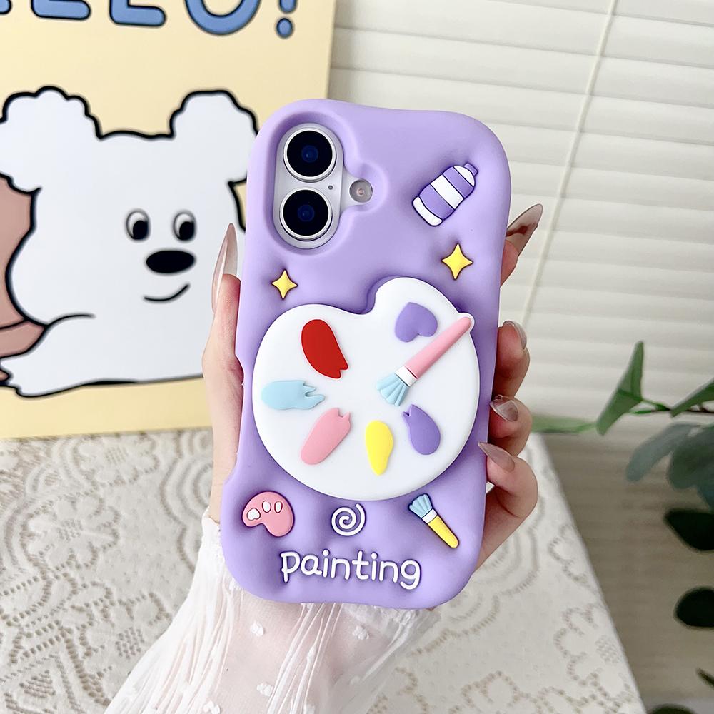 

Kawaii 3D Color Painting Telescopic Bracket Case For iPhone 16 15 14 13 12 Pro Max Funny 3D Soft Silicon Stand Holder Cover iPhone 17 Pro Max фіолетовий