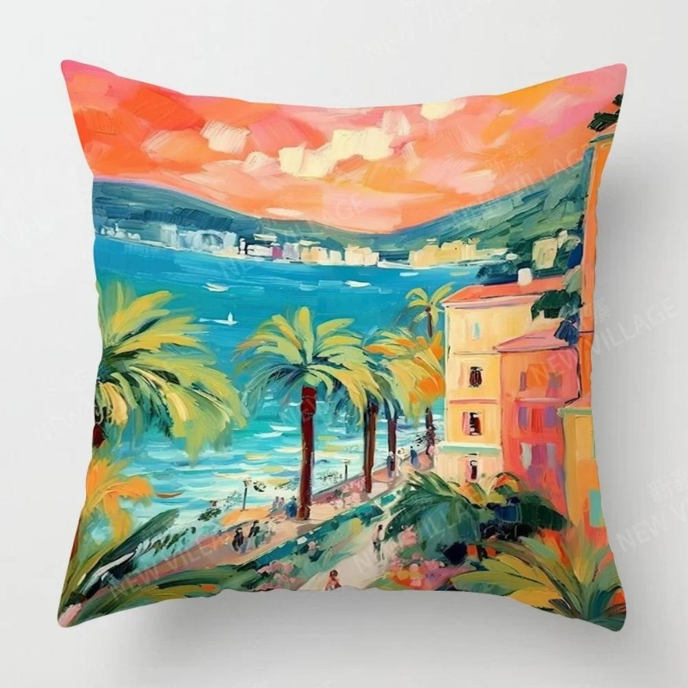 Vibrant Mediterranean Scenes Printed Pillowcase Pattern Cushion Cover Suitable for Sofa Bedroom Car Pillow Cover