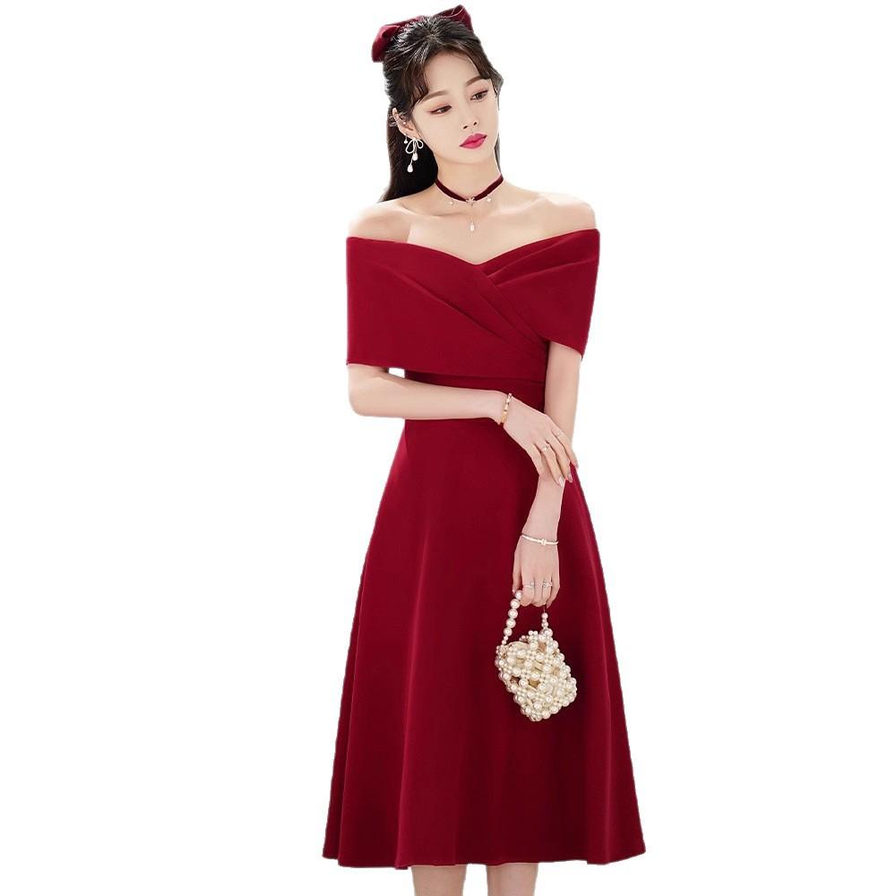 Atmospheric Red Shoulder Bride Wedding Toast Engagement Dress Back Door Small Man Belly Cover Dress Banquet