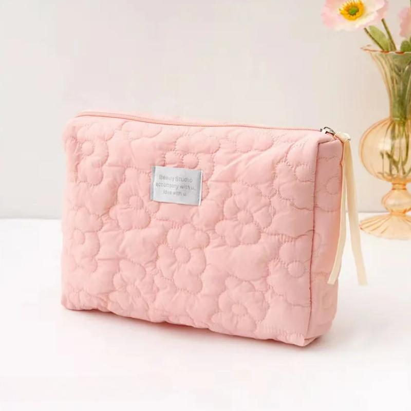 Flower Pattern Women Makeup Bag Cosmetic Bags Quilted Cotton Soft Makeup Case Pouch Zipper Large Travel Wash Pouch