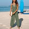 Ladies' Loose And Comfortable Solid Color Deep V Hanging Neck Sleeveless Pleated Pocket Wide Leg Long Jumpsuit