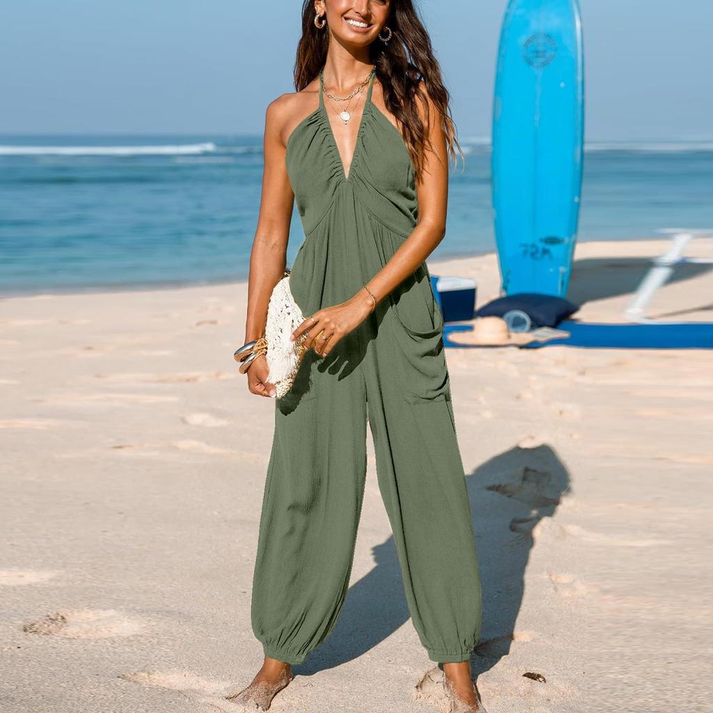 Ladies' Loose And Comfortable Solid Color Deep V Hanging Neck Sleeveless Pleated Pocket Wide Leg Long Jumpsuit