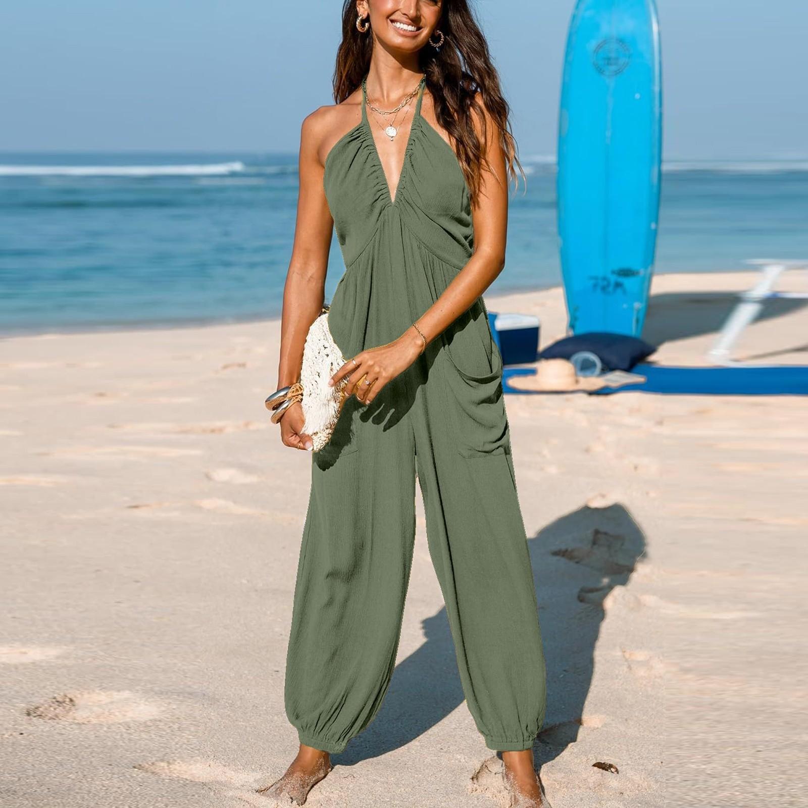 

Женский свободный и удобный однотонный комбинезон без рукавов с глубоким V-образным вырезом, драпировкой, карманами и широкими штанинами XXL