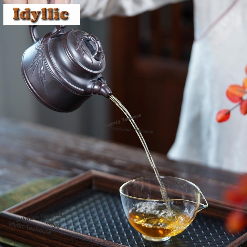 340ml Classic Yixing Purple Clay Teapots Handmade Engraved Bamboo Pot Raw Ore Antique Brass Mud Kettle Zisha Tea Set Ornaments