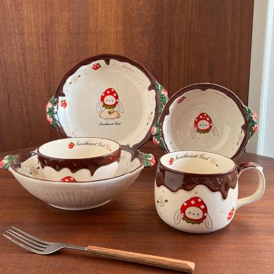 Cartoon Aardbei Konijn Schattig Servies Set Huishoudelijke Onderglazuur Keramische Kom Hoge Waarde Liefje Bord Saladekom