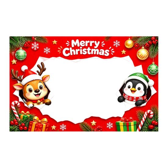Christmas Celebration Photo Accessories Cartoon Booth Frame Banner, Xmas Selfie with Elk Gift for Party Decor Penguin Bear, Holiday Handheld