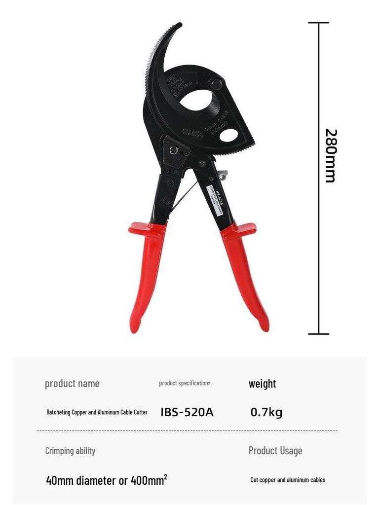 HS-325A Insulated Ratchet Cable Cutter, 260mm - Manual Gear Wire Cutter