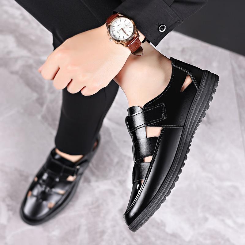Men's Leather Shoes Business Casual Dress Single Shoes Soft Sole Non-slip Summer Men's Sandals Medium Old Dad Shoes Black