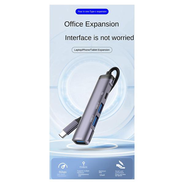 One-to-Four Aluminum Alloy Type-C Expansion Dock, Multi-Port Hub, Color: As Shown