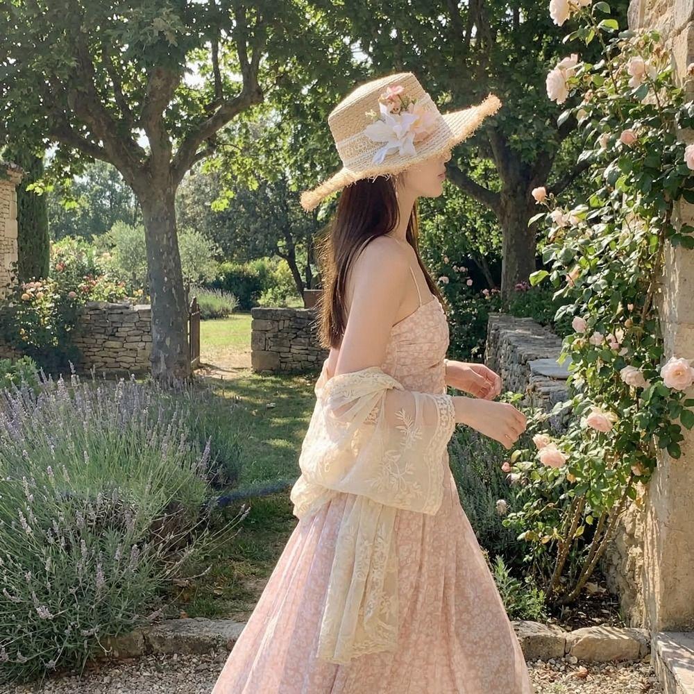 Sweet Tassel Edge Lace Flower Straw Hat Wide Brim Visor Women's Sun Hats French Style Boho UV Protection Cap Outdoor