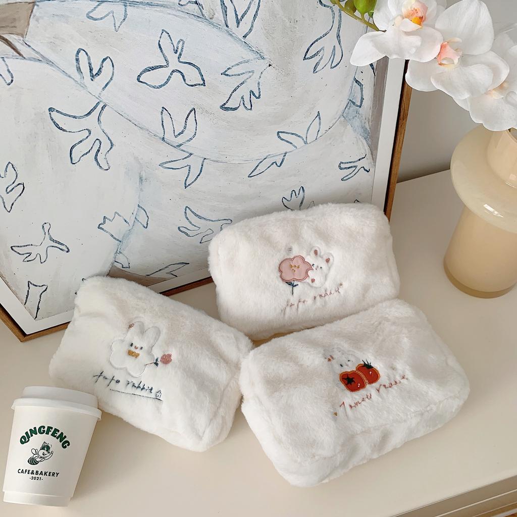 Cute Womens Bunny Embroidered Makeup Bag With Floral Design Portable Travel Bag