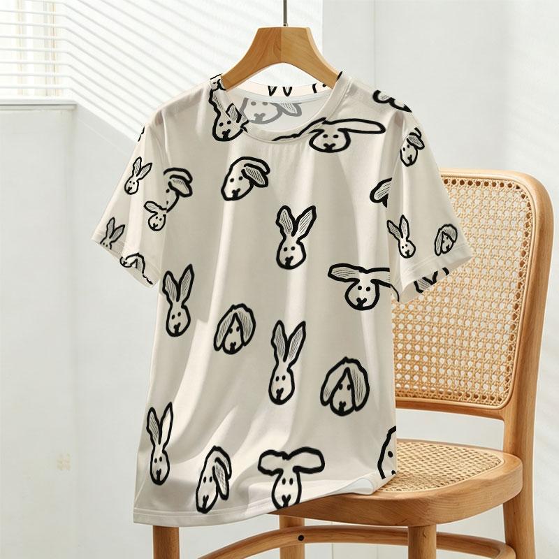 Women's Korean Style Rabbit Series Round Neck Short Sleeve T-Shirt Simple Design, Comfortable Fabric, Versatile for Daily Casual & Short Trips
