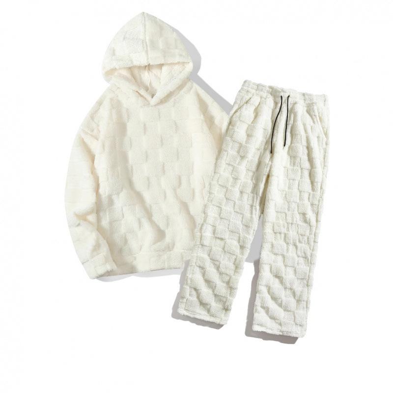 Autumn and Winter Foreign trade slim-fit round neck long-sleeved trousers square plaid fluffy personalized two-piece set casual men