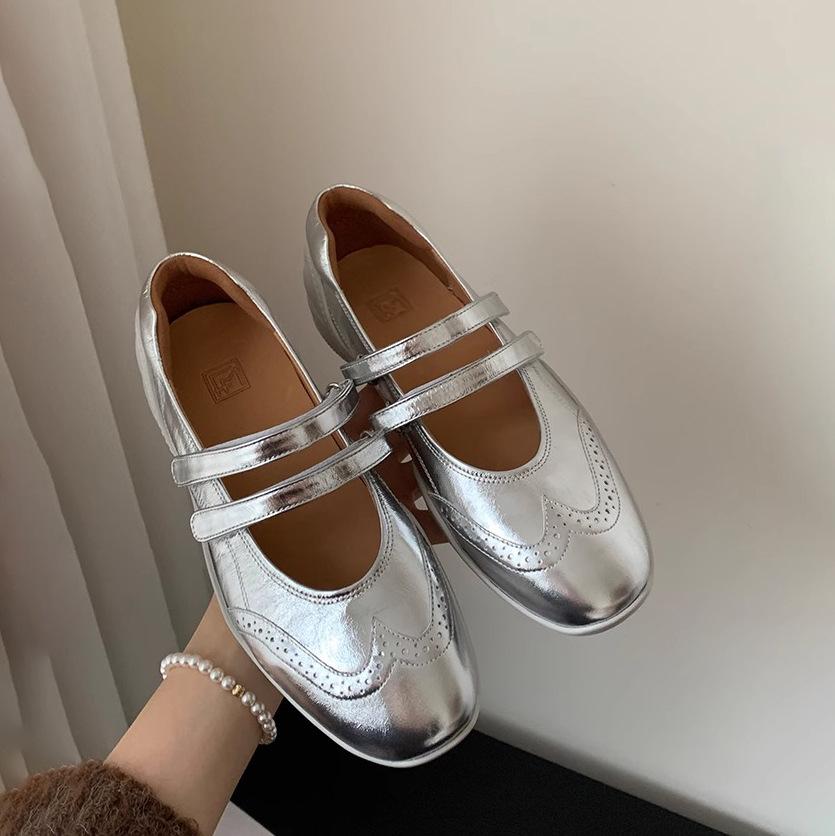 Retro Silver Sports Ballet Mary Jane Women's Shoes 2025 New Platform Casual Versatile Flat Velcro Single Shoes