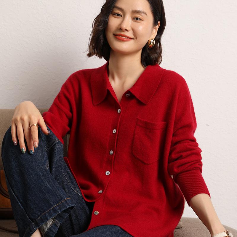 Women's Versatile Cashmere Knit Sweater: 2023 Autumn/Winter Polo Collar, Loose Fit, Solid Color